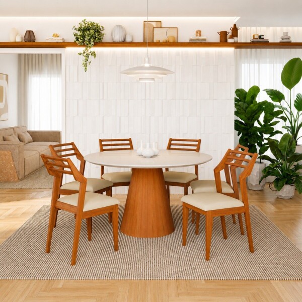 CJ MESA 6C AGN PARIS REDONDA 130CM C/VIDRO CAD VITORIA MADEIRA/OFF WHITE CJ MESA 6C AGN PARIS REDONDA 130CM C/VIDRO CAD VITORIA MADEIRA/OFF WHITE